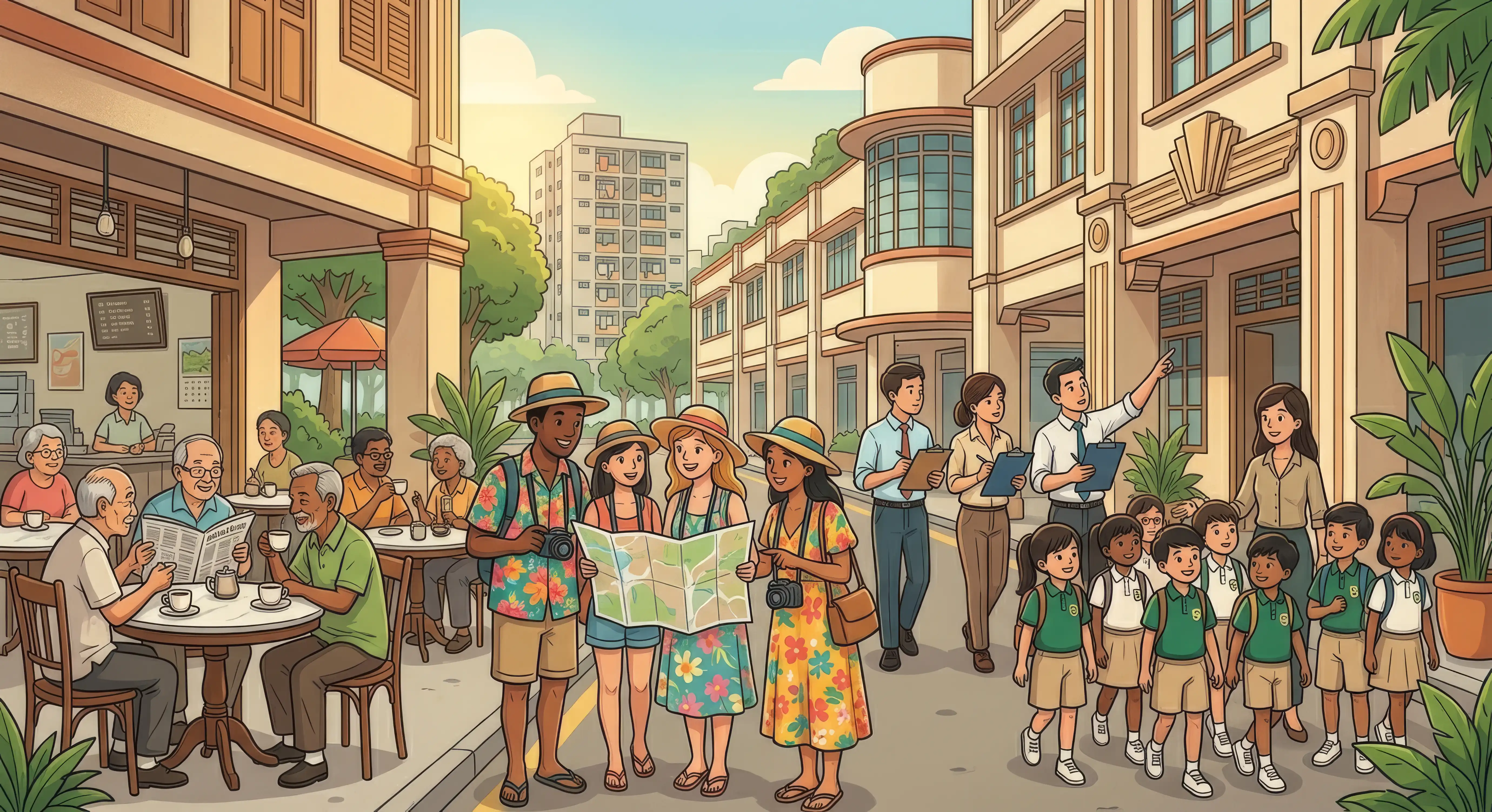 Locals, tourists, partners and schools sharing the same Singapore street