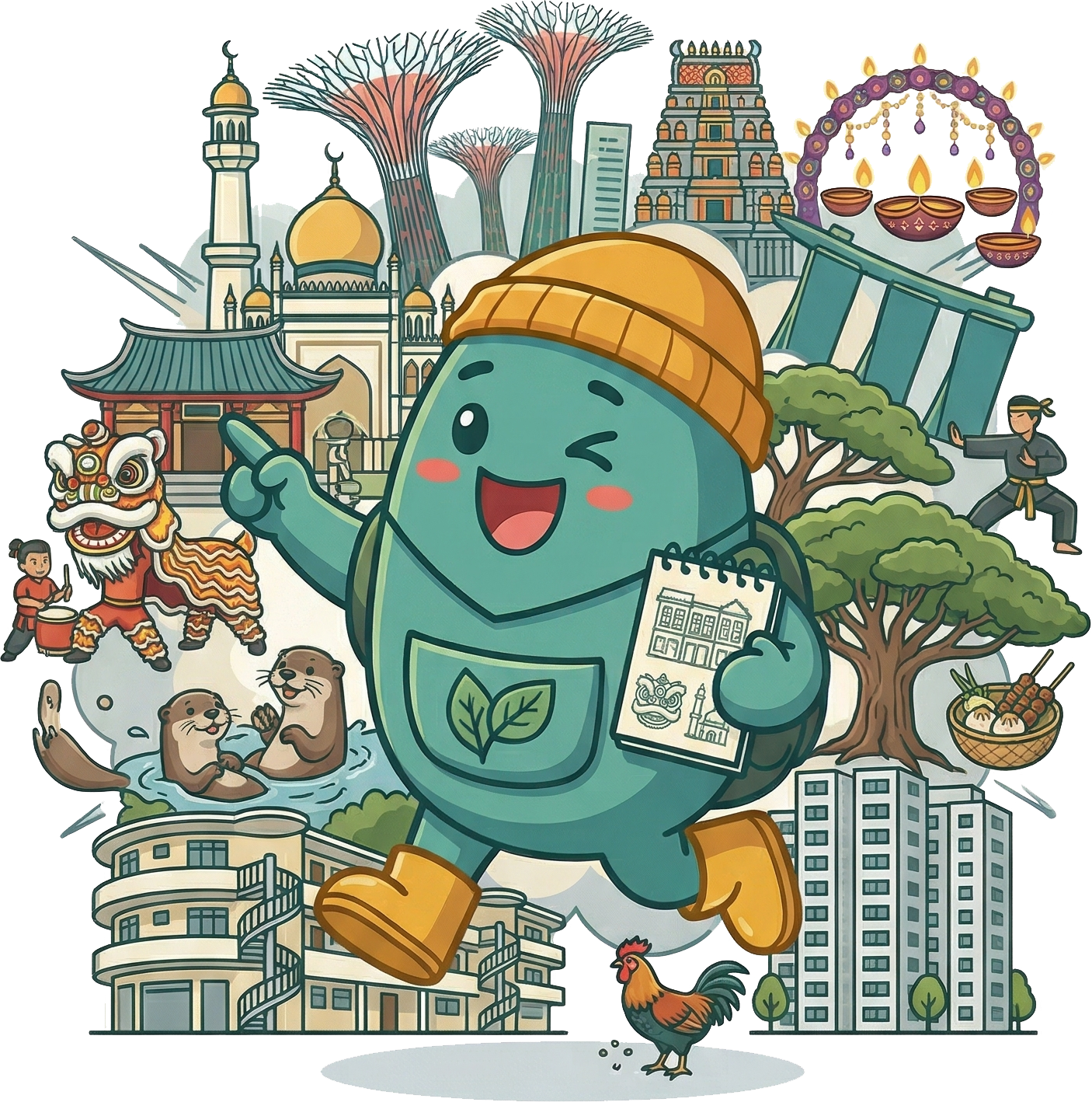 Tanken the mascot, surrounded by Singapore landmarks